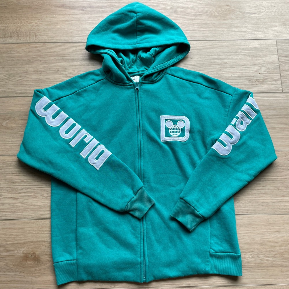 Disney World Teal Full Zip Hoodie Sweatshirt Mickey Globe Logo Mens Medium